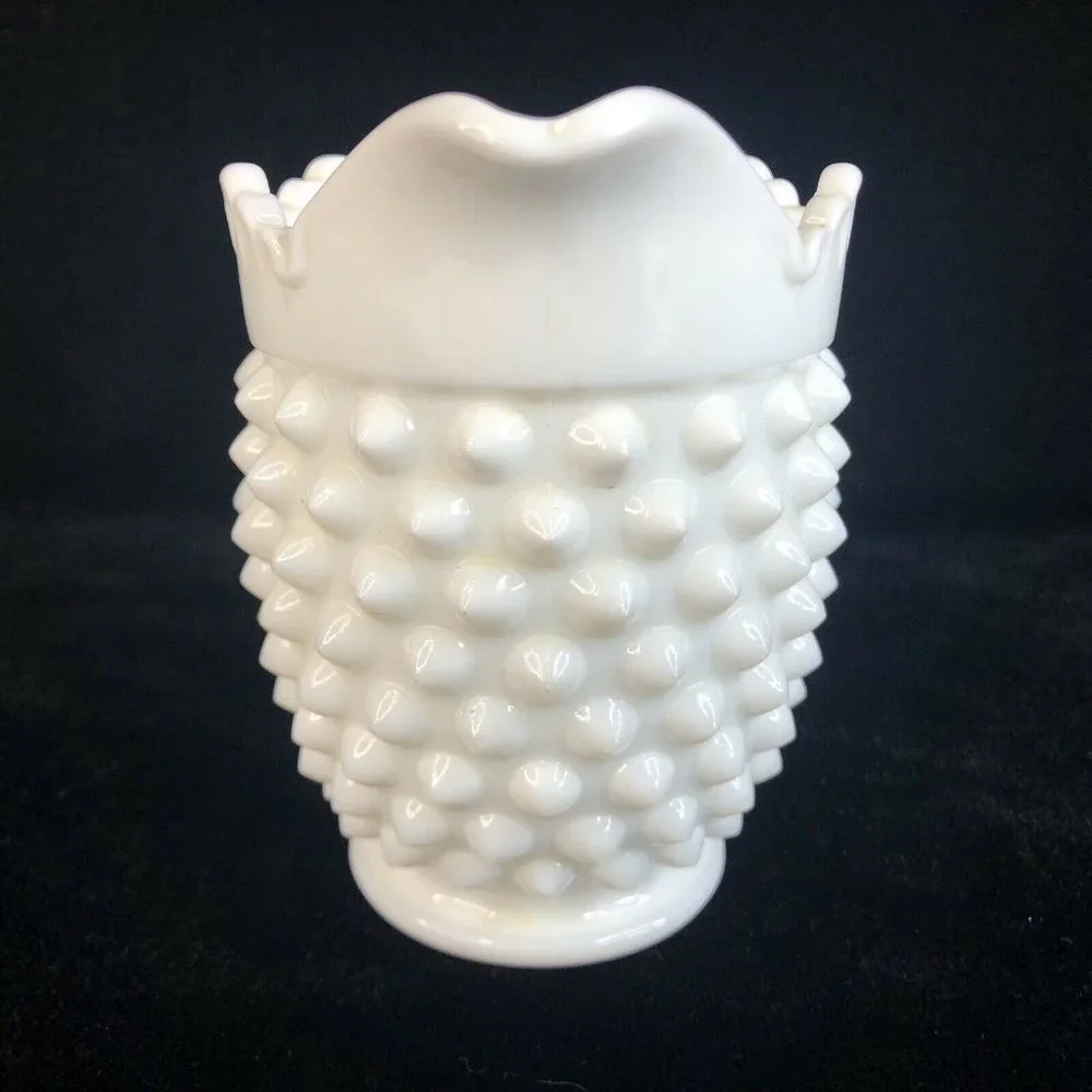 Fenton White Hobnail Milk Glass Creamer‎ Pitcher 4” Tall 8 Ounce Scalloped VTG
